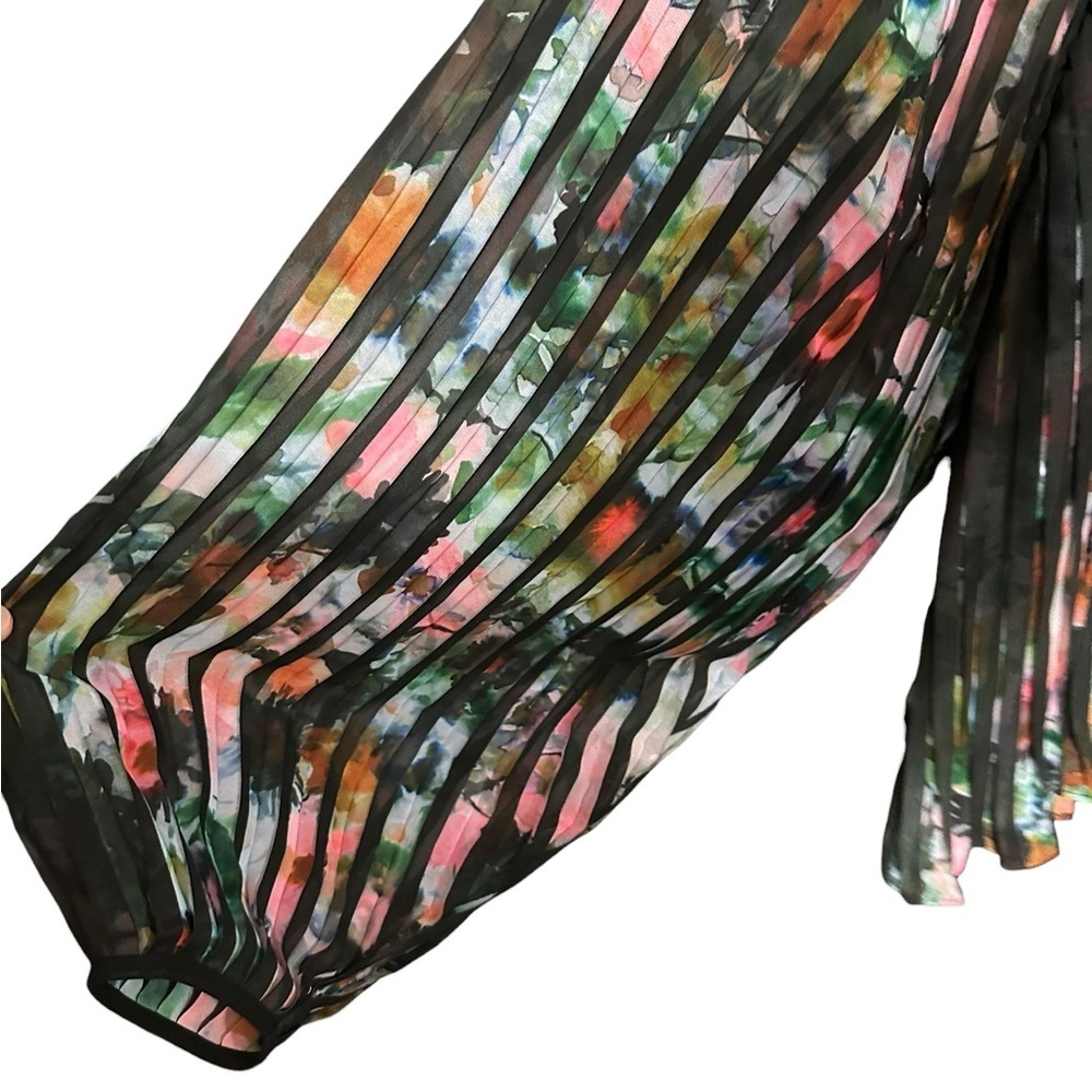 NWT Marie Oliver Black Stripe Jesse Ocean Tropical Silk Lurex Pleated Tie Blouse - Picture 5 of 6